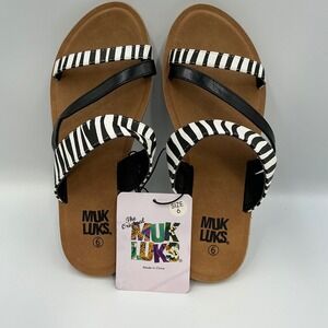 MUK LUKS Zebra Print Sandals - Black Straps - Slip‎ On - Size 6